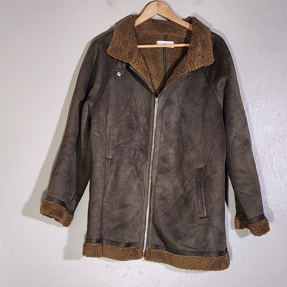 Mango Brown Shearling-Trim Military Field Jacket